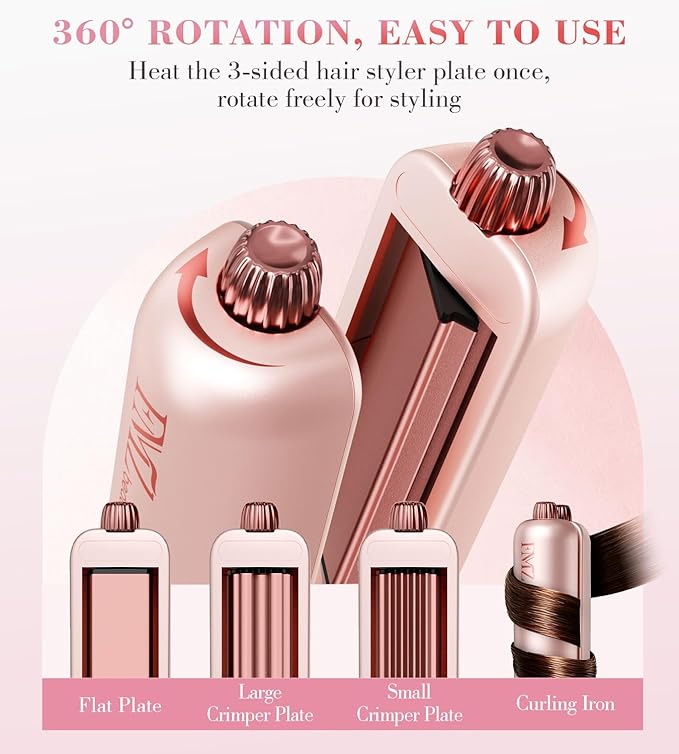 FMZ Flat Iron Hair Straightener Crimper Curler, Professional 4 in 1 Pink Hair Styling Irons for Straightening, Crimping, Curling, Fast Heating, Dual Voltage, Mini and Portable for Women Travel Home