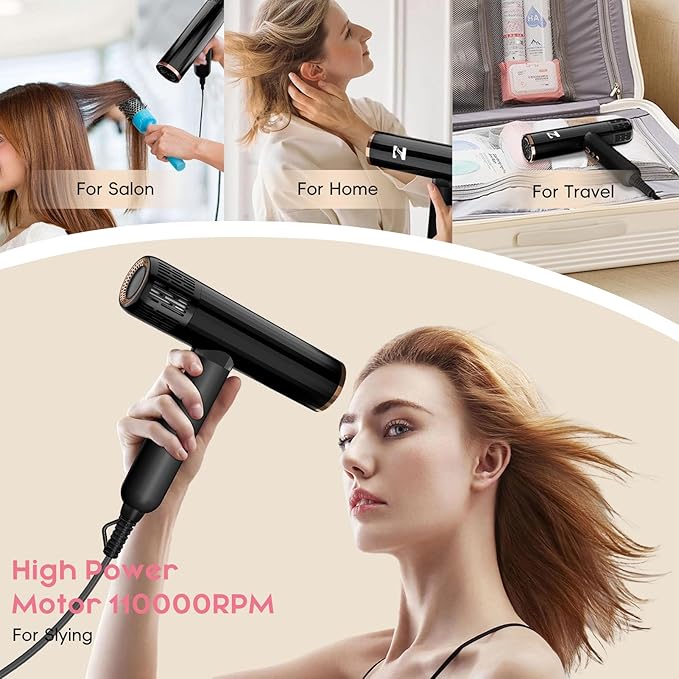 Nicebay Ionic Hair Dryer with diffuser for Curly Hair,1600W &110000RPM High-Speed Brushless Motor for Fast Drying,Professional Blow Dryer for Women,Low Noise,Lightweight,Lock Function,Travel HomeSalon