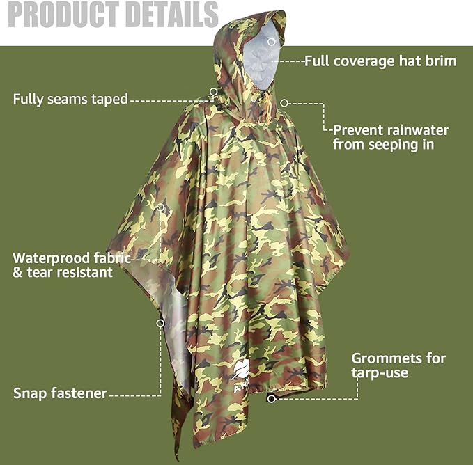 ANYOO Hooded Rain Poncho for Adults Waterproof Lightweight Rain Coat for Men - Image 2