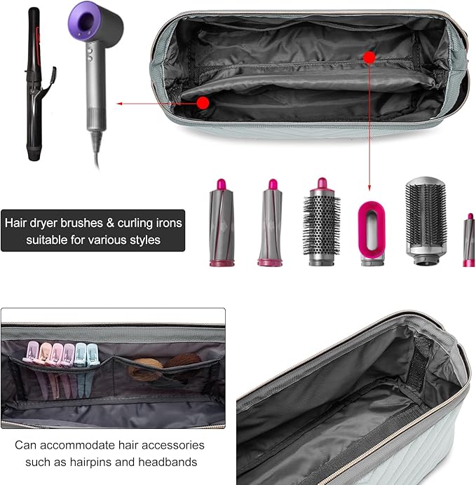 Hair Tools Travel Bag for Shark Flexstyle Dyson, Quilted Hair Tool Organizer Bag, Gift for Women Hair Accessories Tools Storage Bag, Travel Hairdryer Portable Bag for Women, Grey