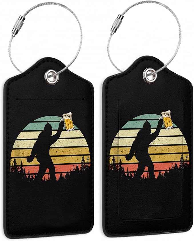 2 Pack Leather Luggage Tag for Suitcase Bigfoot Love Drinking Beer Unique by TXIANT
