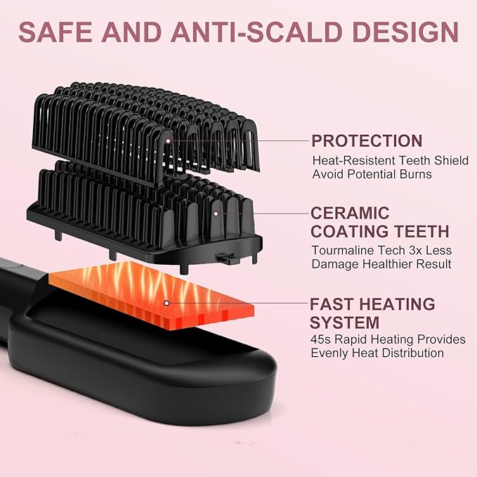 Hair Straightener Brush - SIQUER Ionic Hair Straightening Brush with 13 Temps LCD Display 45s Fast Heating 60mins Auto-Off Anti-Scald Ceramic Hair Straightener Comb for Home Salon, Black