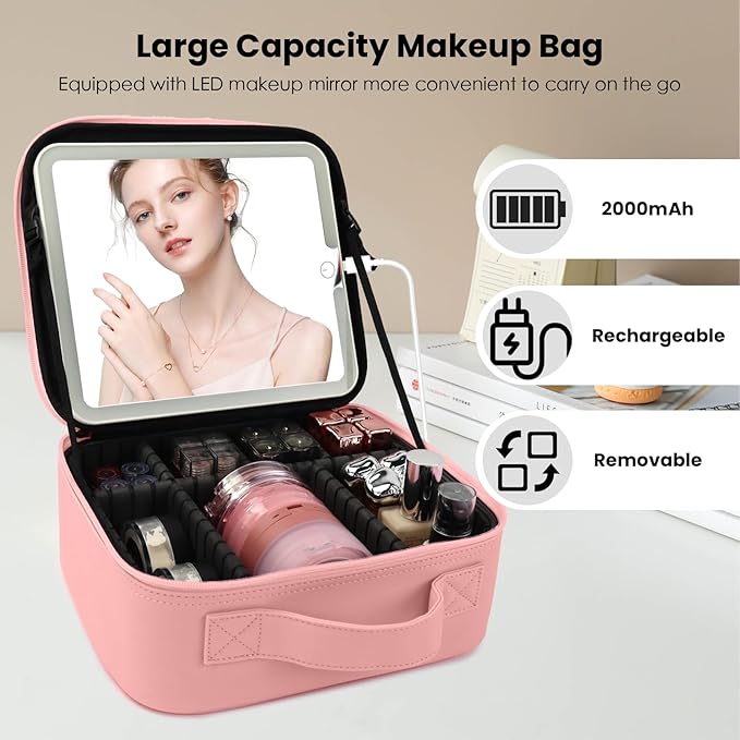 Travel Makeup Bag with LED Mirror Makeup Case with Light Up Mirror Portable - Image 3