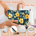Cosmetic Bags Travel Makeup Toilet Case Waterproof Pouch for Women Girls 6.7X9.45inches - Pattern of Yellow Flowers on A Dark - Teal Background