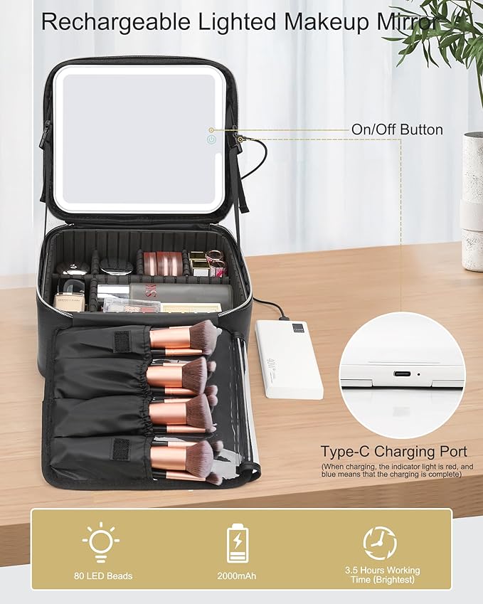 Relavel Makeup Bag with Light Up Mirror, Makeup Case Travel Cosmetic Bags Brush - Image 9