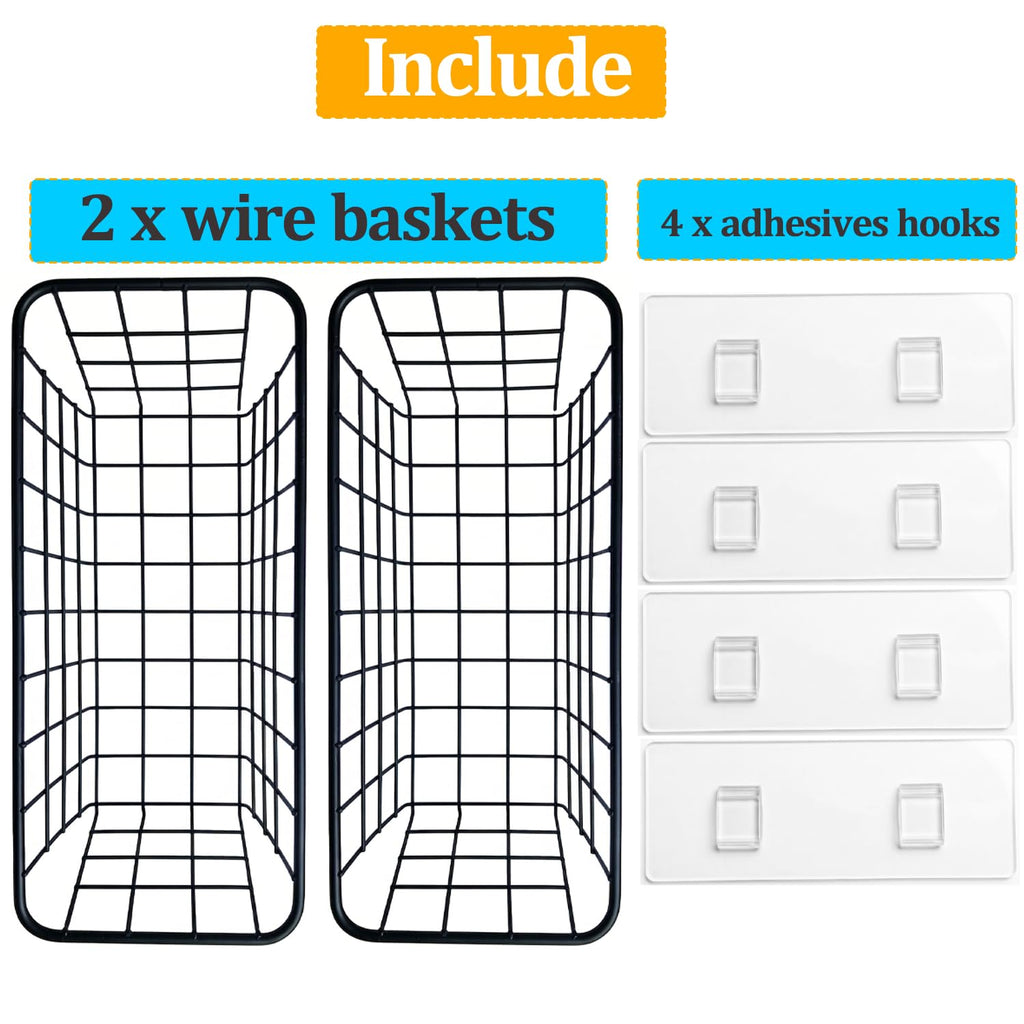2 Set Adhesive Hanging Wall Basket Inside Cabinet Door Organizer (Black / 2 PACK)