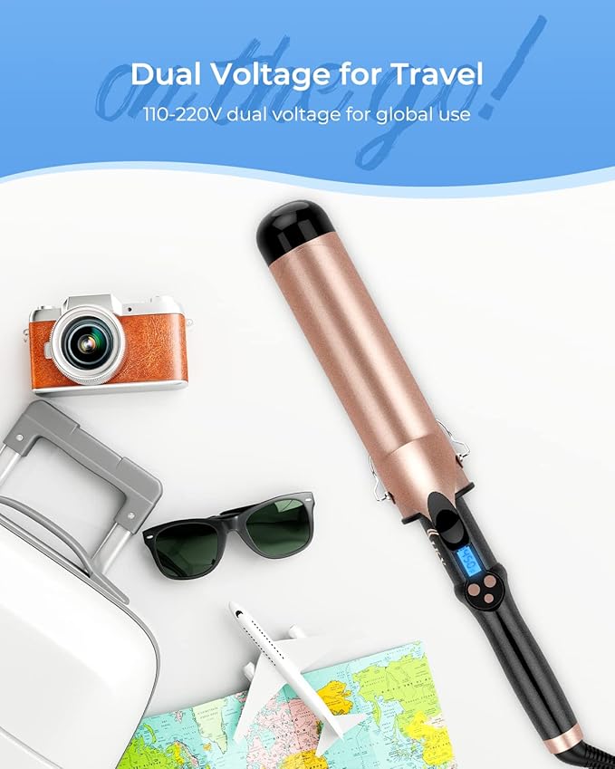 2 Inch Curling Iron Extra Long Barrel for Long Hair, Large Barrel Curling Wand Ceramic Tourmaline with LCD Display,10 Temps, Dual Voltage