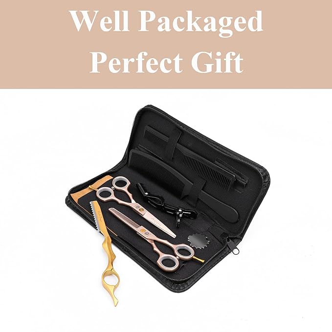Purple Dragon 5.5 inch Hair Cutting Scissors Set with Razor, Leather Scissors Case, Barber Hair Cutting Shears Hair Thinning/Texturizing Shears for Professional Hairdresser or Home Use (Rose Gold)