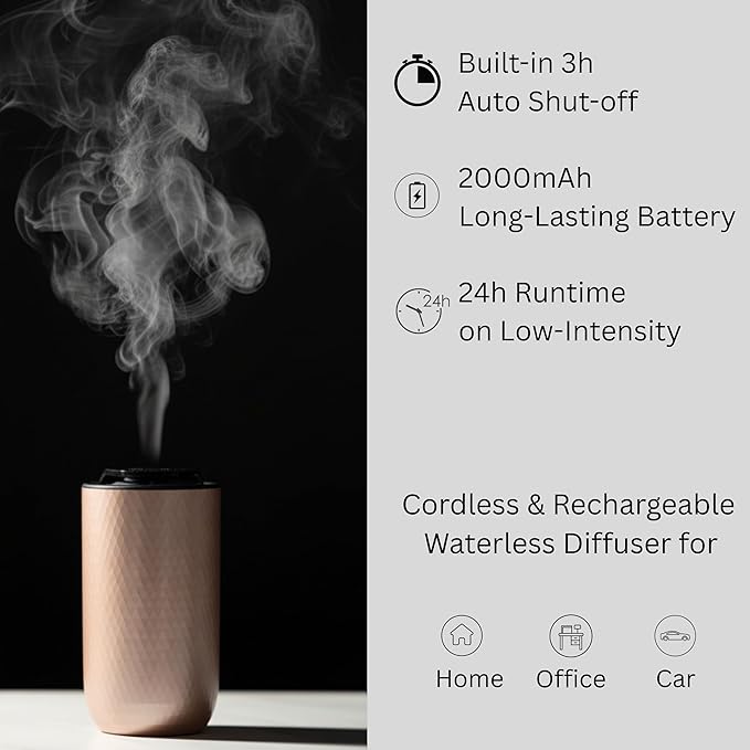 Waterless Essential Oil Diffuser – Portable Cordless Aromatherapy Diffuser for Home, Car & Office – 3 Mist Levels - 4 Timer Modes - 15ml Oil Capacity - USB-C Rechargeable