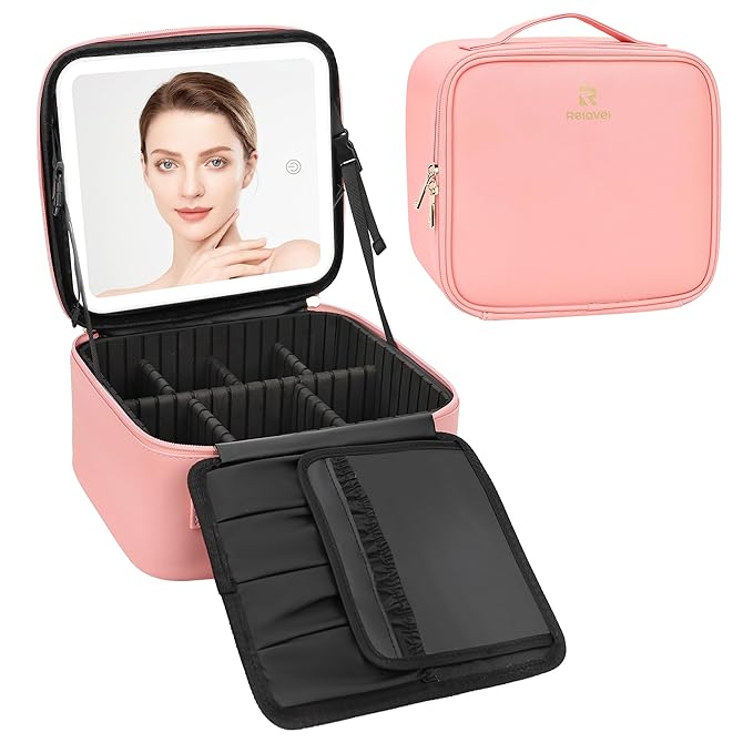 Relavel Travel Makeup Bag With LED Mirror Portable Travel Makeup Organizer 3 - Image 8