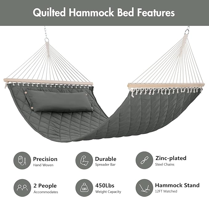 ANOW 2 Person Hammock with Spreader Bars and Detachable Pillow, Quilted Hammock - Image 3