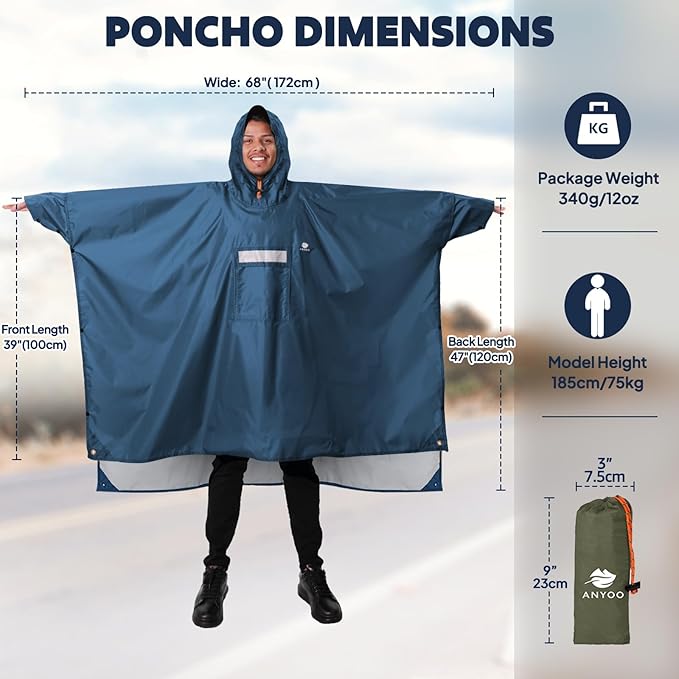ANYOO Hooded Rain Poncho for Adults Waterproof Lightweight Rain Coat for Men - Image 2