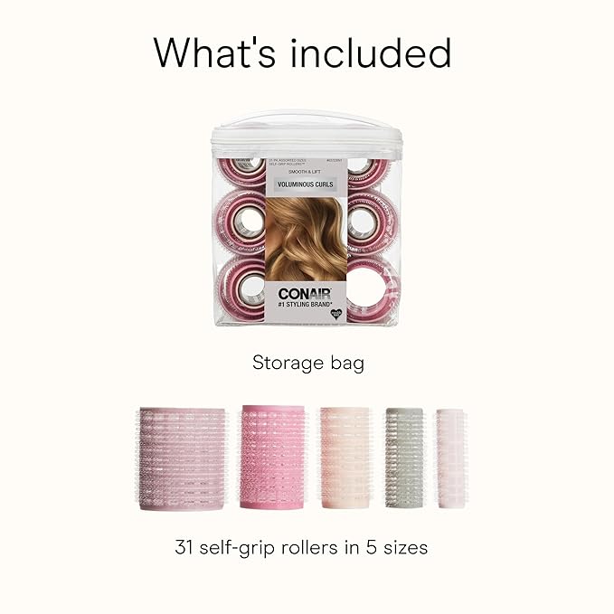 Conair Heatless Curls Hair Roller - 31 Count, Assorted sizes & Colors - Pink, Gray & Purple - Overnight Curl Rollers w/storage case