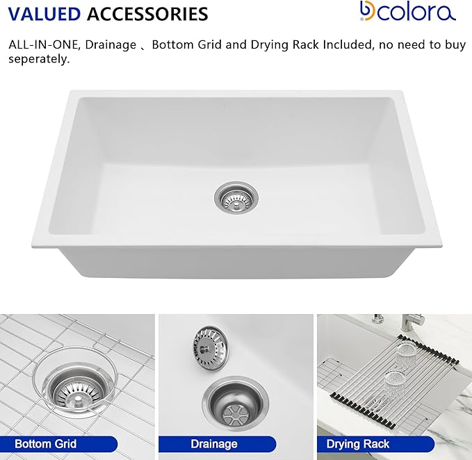 Dcolora 33" Quartz Granite Composite White Kitchen Sink Undermount Sink Deep - Image 5