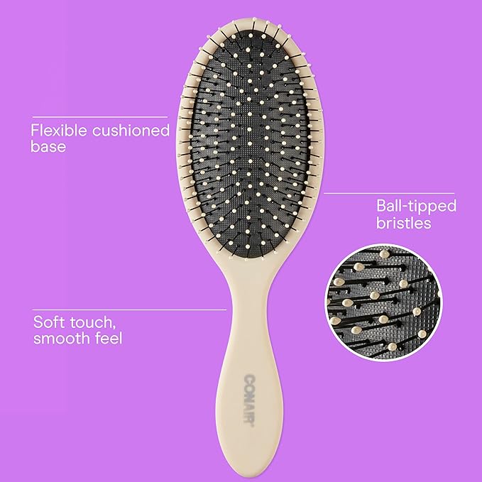 Conair Detangling Hair Brush Set, 3-Pack Detangler Brushes for Wet or Dry Hair, Gentle Detangler for All Hair Types, Bristle Hair Brushes for Women, Beige, Navy, and Coral