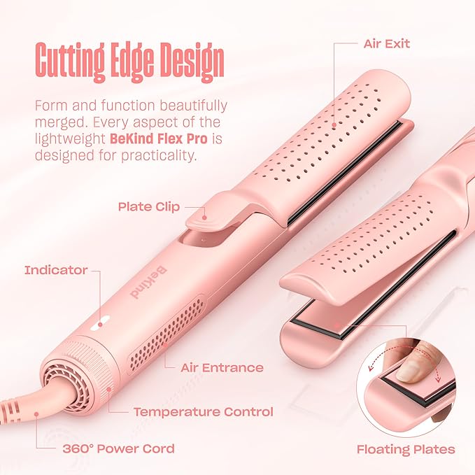 Hair Straightener and Curler 2 in 1 by BeKind Flex, 360° Hair Styler Flat Iron for All Styles, Floating Plates Design, Airflex Lower Temp for Better Styling, Gift for Girls and Women (Peach)