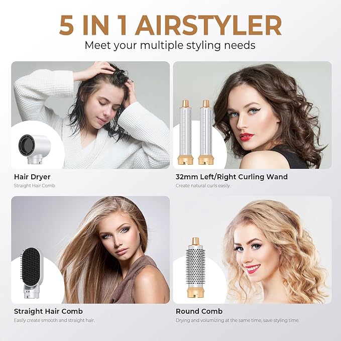 5 in 1 Upgrade Hair Dryer Brush, Negative Ion Blow Dryer Brush Set Hot Air Brush Air Styler Curling Wrap Air Curler, Curling Iron Hair Styling Tools As A Gift for Straight/Curl/Drying/Smoothing