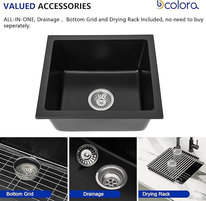 Dcolora 18 Inch Quartz Composite Black Wet Bar Sink Undermount Small Prep - Image 5