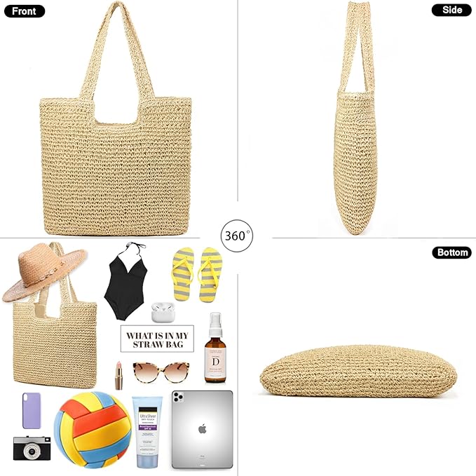 Straw Beach Bags for Women Woven Beach Tote Bag Casual Boho Large Shoulder - Image 3