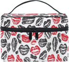 Makeup Train Case Valentines Lips Mouth Pattern Carrying Portable Zip Travel Cosmetic Brush Bag Organizer Large for Women