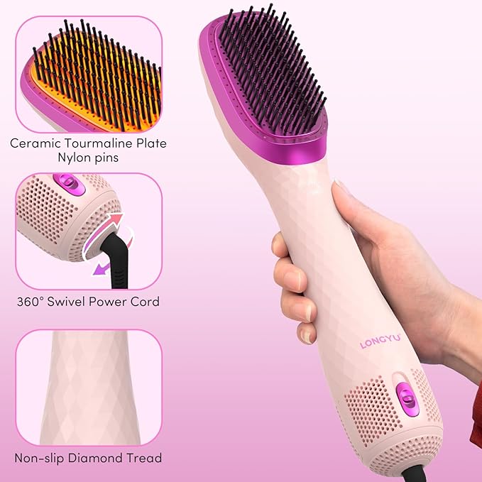 Longyu 3 in 1 Hair Dryer Brush Straightener 1200W Negative Ionic Hot Air Brush One Step Blow Dryer and Styler for Straightening Drying Smoothing (Pink)
