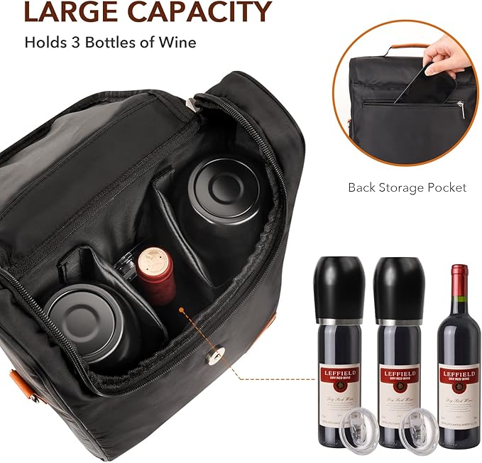 3 Bottle Wine Tote Bag with Wine Tumblers and Wine Opener, Wine Gifts - Image 2