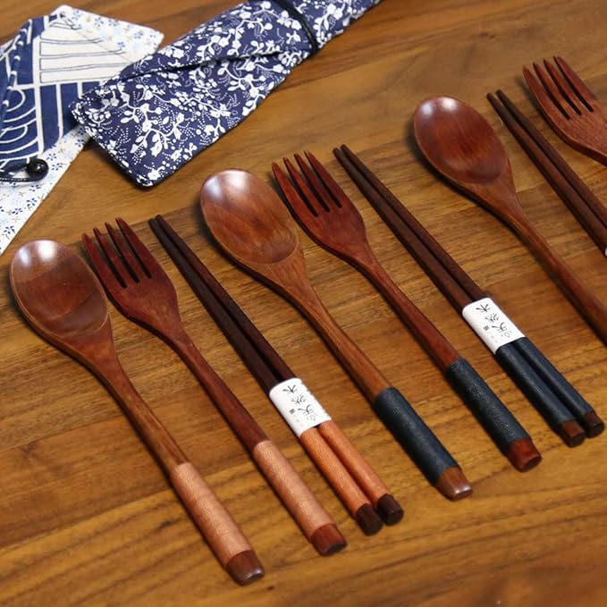 Wooden Chopsticks Spoon Fork Set Japanese Style Tableware Travel Utensils - Image 5
