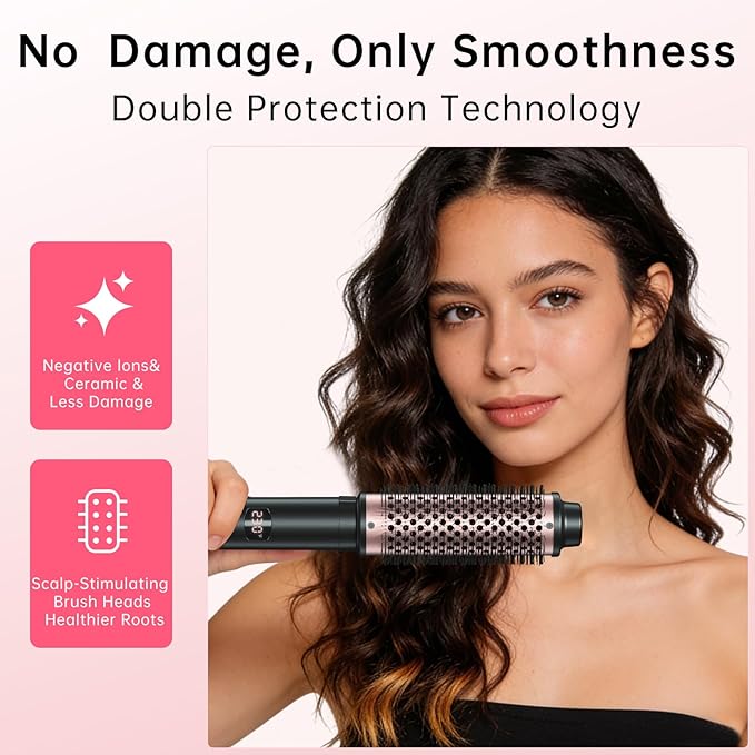 2in1 Negative Ion Thermal Brush -Heated Round Brush, Curling Iron 1 1/2 Inch& Curling Iron 1 3/4 Inch, 5 Temperature Settings,Dual Voltage