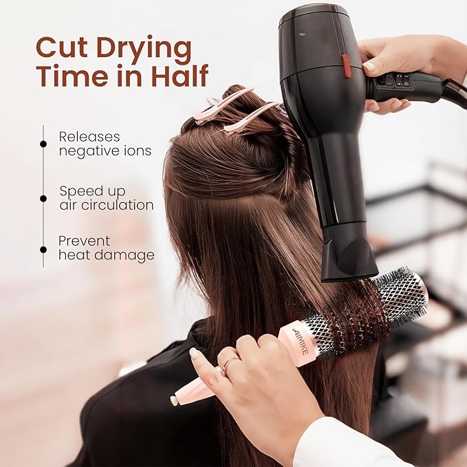 AIMIKE Round Brush for Blow out, Rose Luxe Extra-Long Round Hair Brush Ionic & Nano Thermal Ceramic Tech, for Blow Drying & Styling Volumizing Thick Long Hair, with 4 Clips (Barrel 1.7", Bristle 2.5")