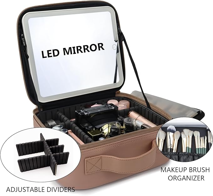 Travel Makeup Bag with LED Mirror Travel Makeup Organizer with 3 Lighted - Image 8