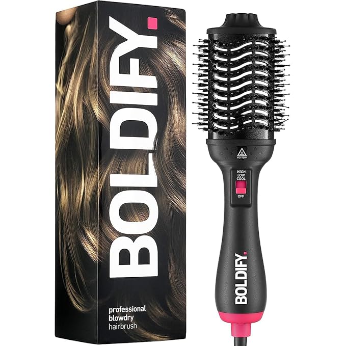 BOLDIFY Professional Blow Dry Brush - for Silky Shiny Curls, Waves, or Straightener - BoarCraft™ Charcoal Infused Hair Dryer Brush w/Volumtech™, Anti Frizz Advanced ION Generator Technology