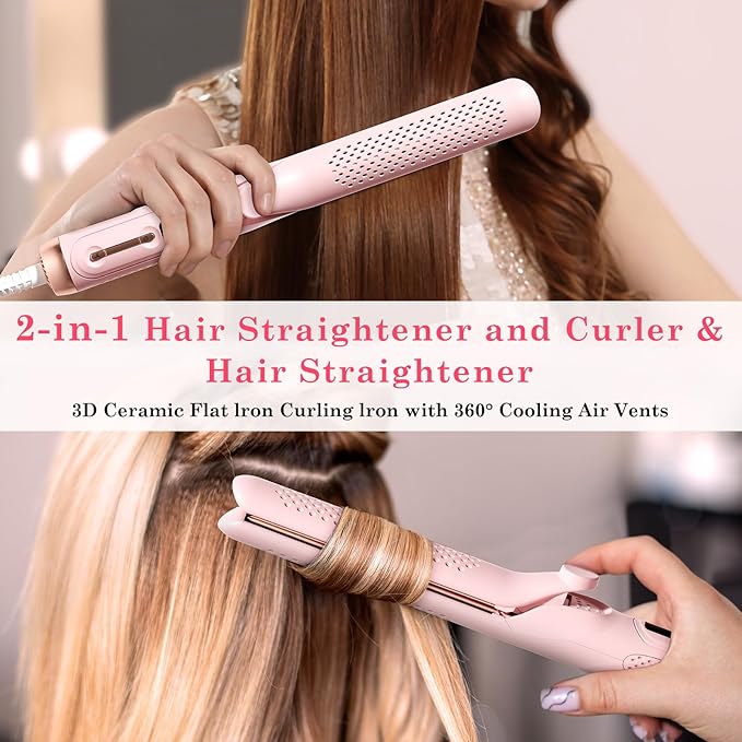 Hahahope Airflow 2 in 1 Straightener and Curler- 360° Airflow Styler Curling Iron, 1.25" Flat Iron Hair Straightener and Curler 2 in 1 for Short Long Hair, 5 Temps,Dual Voltage,Light Pink