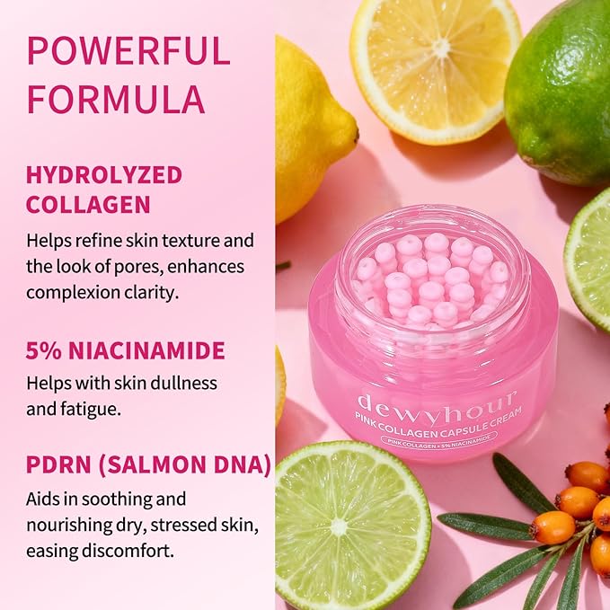 dewyhour Pink Collagen Capsule Face Cream, Lightweight Face Moisturizer, Smoothing & Firming, Brightening Glow, Improves Appearance of Uneven Tone, Korean Skincare, For Dry Skin