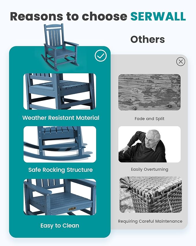 SERWALL Outdoor Rocking Chair, HDPE Patio Rocking Chair All-Weather Porch Rocker - Image 6