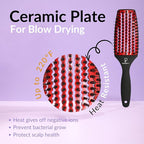 Curved Vented for Blow Drying - Boar Bristle Brush (Medium) with Comfortable Handle - Soft Bristle Brush for Thick and Fine Hair - Natural Boar Bristles for Women, Men & Kids - RED