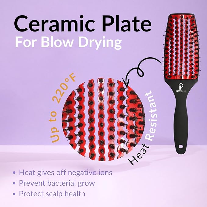 Curved Vented for Blow Drying - Boar Bristle Brush (Medium) with Comfortable Handle - Soft Bristle Brush for Thick and Fine Hair - Natural Boar Bristles for Women, Men & Kids - RED