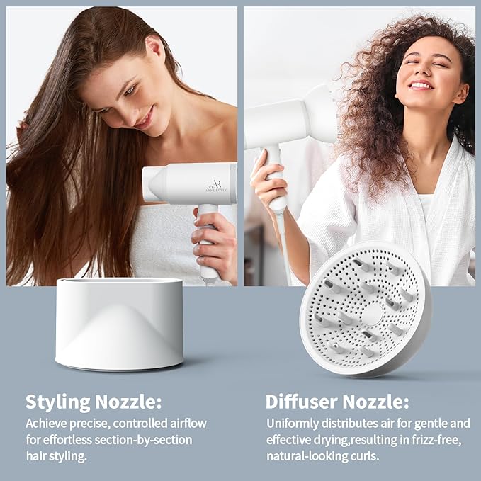 Hair Dryer with Diffuser for Curly Hair, 1800W Ionic Blow Dryer for Women & Men, Fast-Drying, Lightweight, Low Noise, Hair Care Styling Tool for Home, Travel