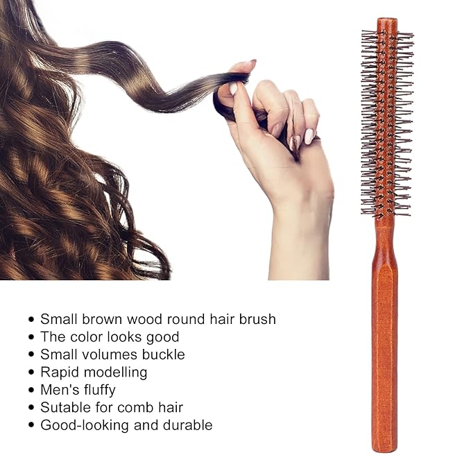 Round Styling Hair Brush for Women Men, Small Curling Roller Hairbrush with Wooden Handle, Static Free Detangling Brush for Blow Drying Curling Straightening, Practical Styling Tool for Hairdresser
