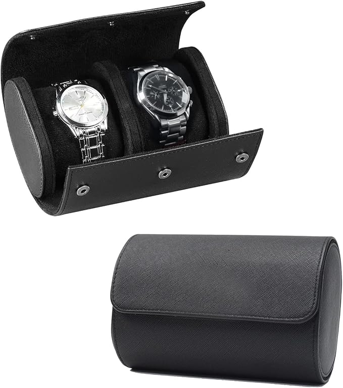Watch Travel Case, Luxury Leather Watch Roll 2 Slot Organizer Box, Jewelry by Rudmox