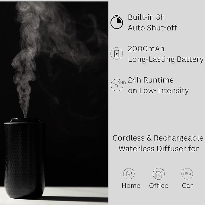 Waterless Essential Oil Diffuser – Portable Cordless Aromatherapy Diffuser for Home, Car & Office – 3 Mist Levels - 4 Timer Modes - 15ml Oil Capacity - USB-C Rechargeable