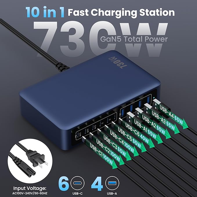 730W USB C Charger Block, 10-Ports GaN V Fast Charging Station Hub, QC4.0+3 PD - Image 3