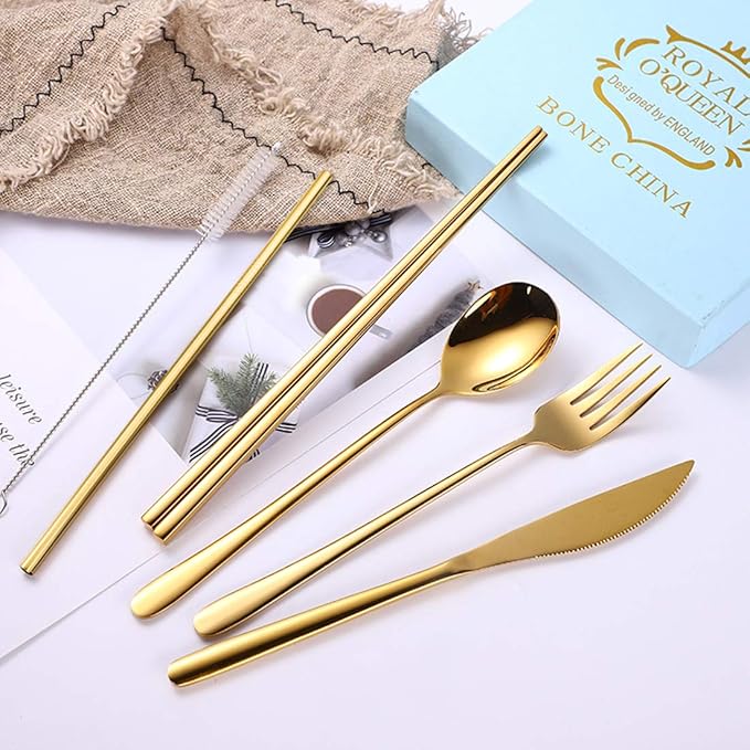 AARAINBOW 6 Pieces 18/8 Stainless Steel Flatware Set Portable Reusable Cutlery - Image 2