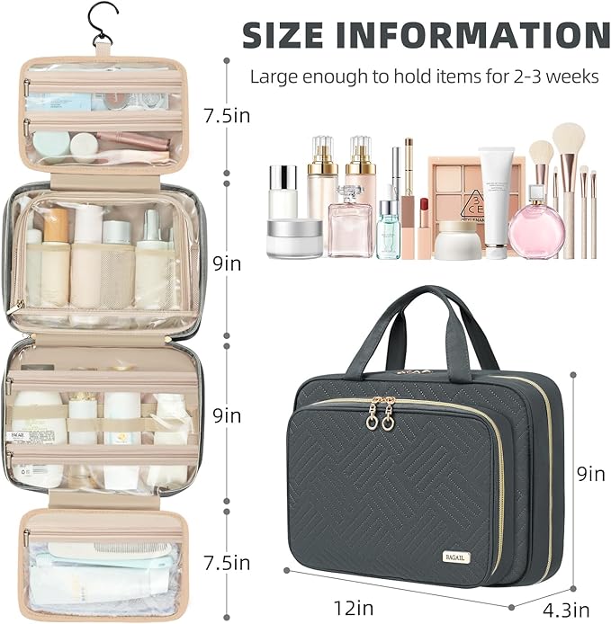 BAGAIL Hanging Toiletry Bag for Women Water-resistant Cosmetic Bag Large - Image 2
