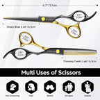 Professional Black Gold Hair Scissors 6.89" Teeth Japanese Stainless Steel Multifunctional Salon Thinning Scissors Straight Shears Tools for Men Women Home Salon Barber