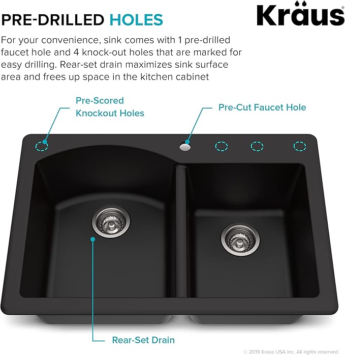 KRAUS Forteza™ 33” Dual Mount 60/40 Double Bowl Granite Kitchen Sink in Black - Image 5
