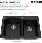 KRAUS Forteza™ 33” Dual Mount 60/40 Double Bowl Granite Kitchen Sink in Black - Image 5