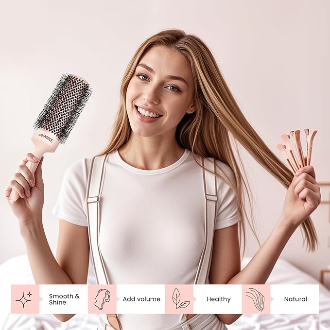 AIMIKE Round Brush for Blow out, Rose Luxe Extra-Long Round Hair Brush Ionic & Nano Thermal Ceramic Tech, for Blow Drying & Styling Volumizing Thick Long Hair, with 4 Clips (Barrel 2.1", Bristle 3")