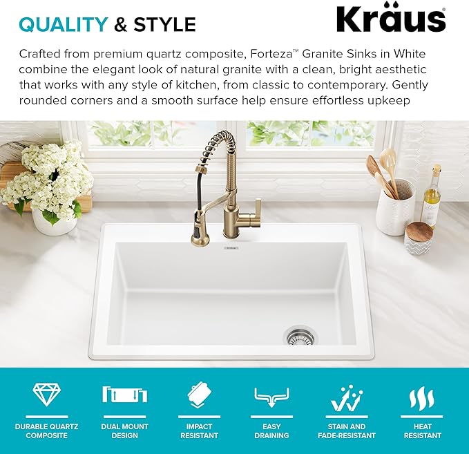 KRAUS Forteza 33-inch Granite Drop In/Undermount Single Bowl White Kitchen Sink - Image 4