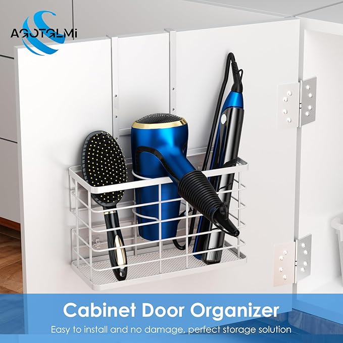 Hair Tool Organizer, Dryer Holder, 3 in 1 Blow Bathroom Organizer Wall Mounted/Cabinet Door for Flat Iron, Curling Straightener, Care & Styling Tools Storage Basket (White)
