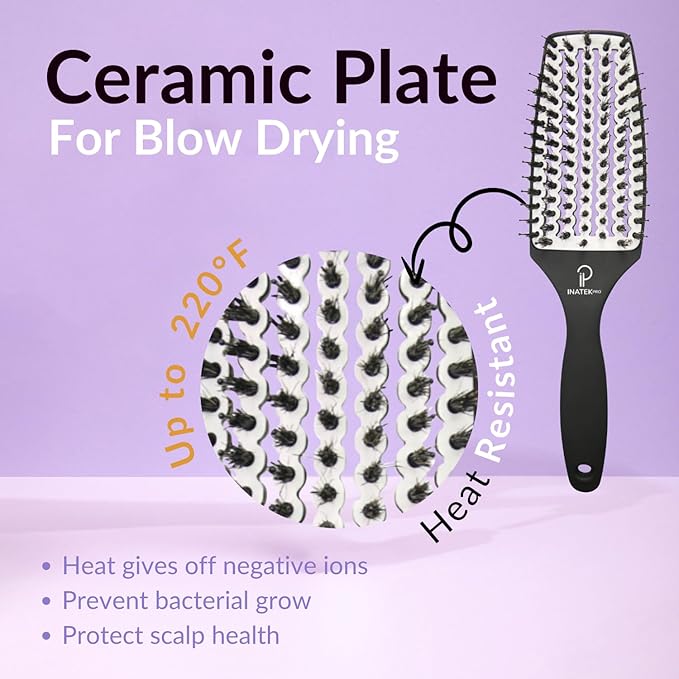 Curved Vented for Blow Drying - Boar Bristle Brush (Medium) with Comfortable Handle - Soft Bristle Brush for Thick and Fine Hair - Natural Boar Bristles for Women, Men & Kids - White